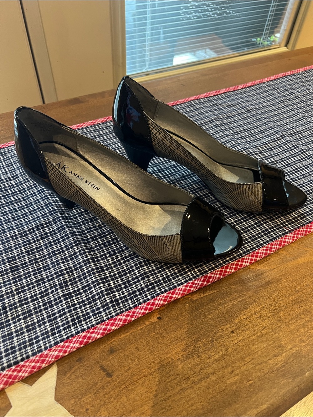 Anne Klein Black Patent Cap-Toe Open-Toe Pumps